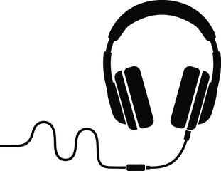 Simple black and white illustration of over ear headphones with a cable