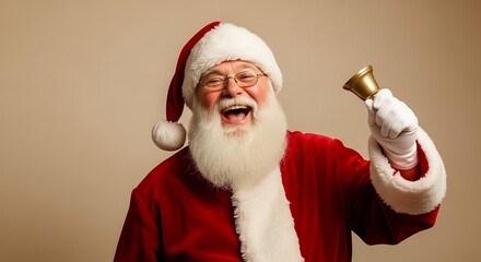 A cheerful Santa Claus with a white beard laughing while ringing a golden handbell.