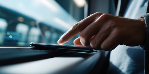 Naklejka premium Person using smartphone while sitting by the window on a train during a sunny day