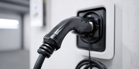 Electric vehicle charging station with connector plugged in for energy replenishment at modern facility