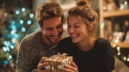 Smiling couple shaking wrapped Christmas gift, joyful moment of young husband and wife