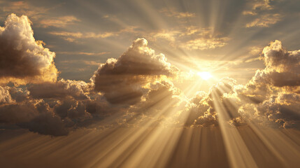 Golden sunlight bursts through the clouds, creating a dramatic and ethereal sky