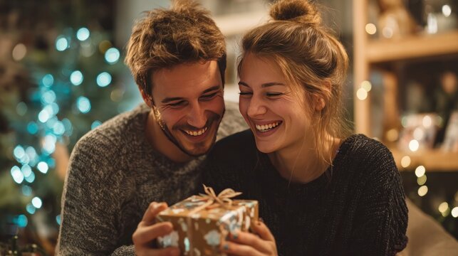 Smiling couple shaking wrapped Christmas gift, joyful moment of young husband and wife