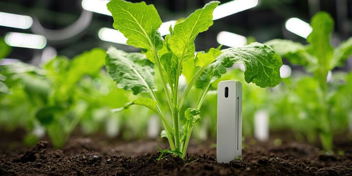 Green leafy plants growing in modern indoor farm with technology monitoring their health