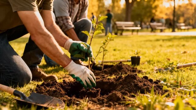 Volunteers planting a young tree in a city park. Reforestation and community service on a sunny autumn day. Close-up panning shot.