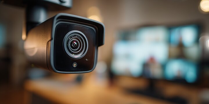 Professional camera setup in a modern workspace focusing on video conferencing technology