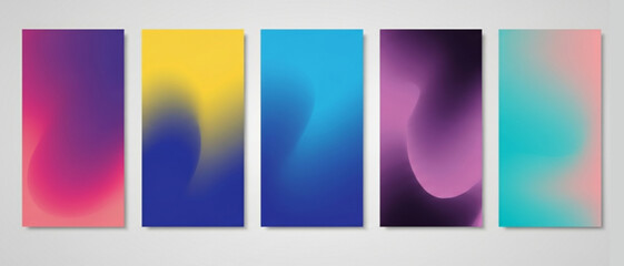 A set of five modern, colorful gradient posters with abstract designs and text elements. Each design incorporates minimalist typography and geometric elements