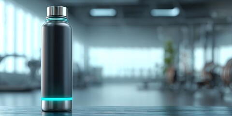 Tall stainless steel water bottle on a gym table in a bright, modern fitness center during workout hours