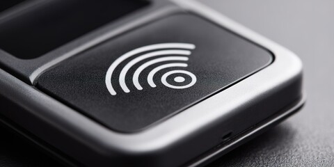 Close-up view of a contactless payment device showing wireless symbol on a sleek black surface