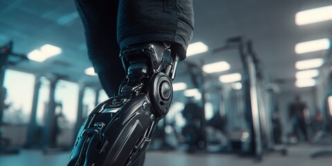 Advanced prosthetic leg in use at a modern gym setting with active individuals focusing on fitness
