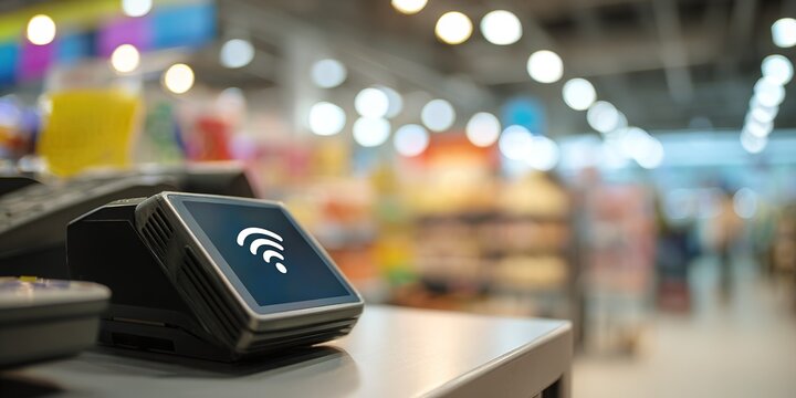 Wireless payment terminal in a busy retail store during a sunny afternoon