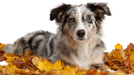 Gentle Australian Shepherd stretched out on soft yellow leaves warm autumn mood on transparent png background. Ai generated