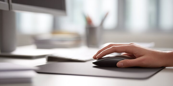 Hand using computer mouse on desk with monitor and stationery in office environment during daytime