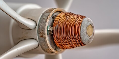 Close view of a turbine rotor with copper wiring during the maintenance process in a wind energy facility