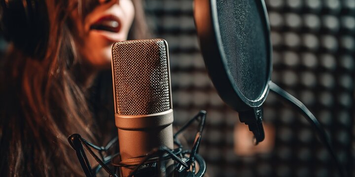 Vocalist recording in a professional studio with a microphone and soundproof background