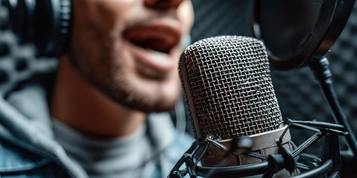 Vocal recording session in a soundproof studio with a male singer using a microphone
