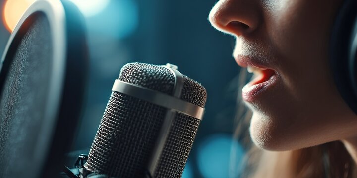 Woman singing into a microphone during a recording session in a music studio