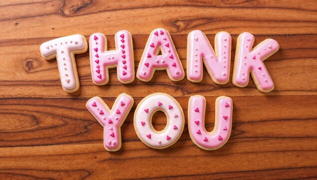 Colorful thank you message with decorated cookies on a wooden table, featuring heart-shaped designs for a festive and appreciative touch.