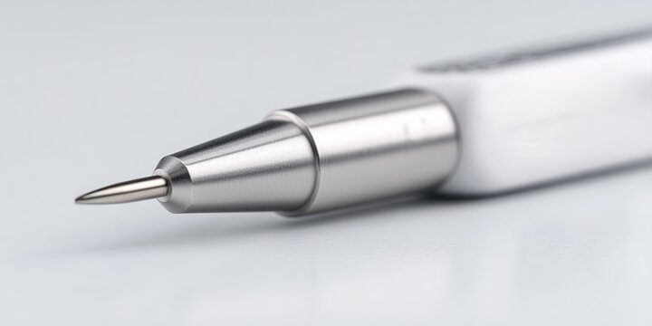 Close-up view of a silver mechanical pencil showcasing its sleek design and fine tip on a plain surface