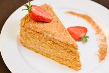 Slice of layered honey cake Russian Medovik. Delicious homemade dessert.