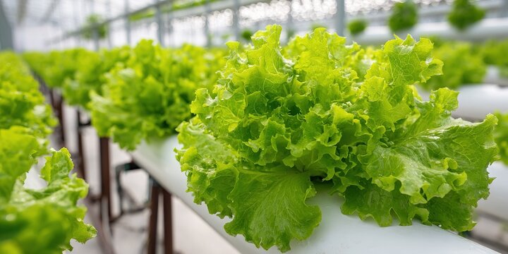 Fresh green lettuce growing in a hydroponic farm during daylight in a greenhouse setting