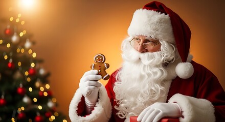 Santa Claus in a festive setting holding a gingerbread man cookie with a decorated Christmas tree in the background.