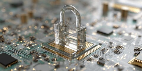 Secure lock placed on circuit board representing digital security in technology