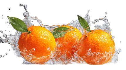 Whole oranges plunging into water with dynamic splash motion on transparent png background. Ai generated