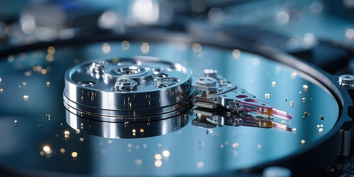 Hard drive components showcase intricate technology in data storage process during close-up view
