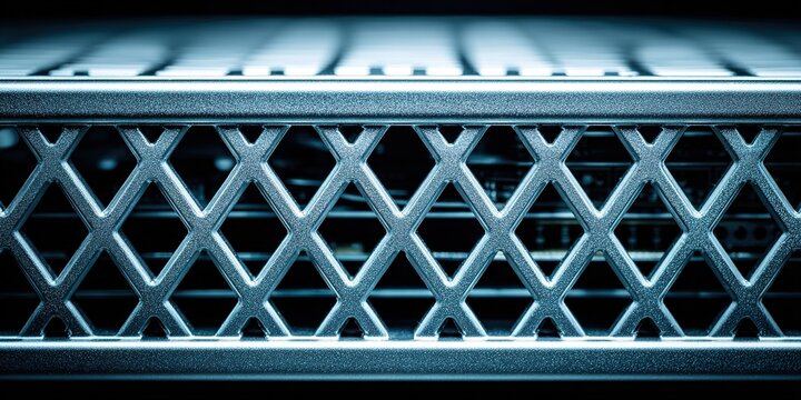 Close-up view of a metallic server rack showcasing detailed grid patterns and electronic equipment in a data center environment