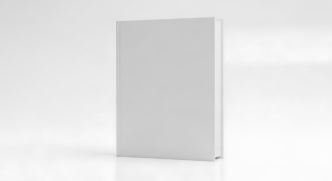 Blank white book standing upright on a reflective surface, offering a clean template for design and branding, isolated on white background