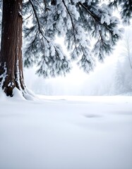 A pristine winter landscape captured from a low angle displays a massive pine tree and endless untouched snow shimmering quietly beneath the blue sky
