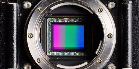 Close-up view of a camera sensor showcasing its intricate design and vibrant colors captured in detail