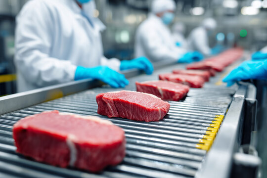 A group of people are working in a meat processing plant