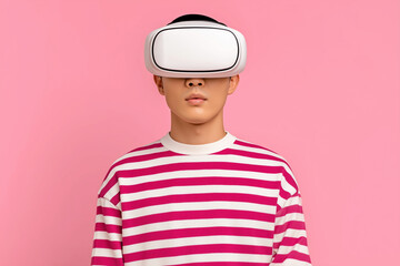 Young person wearing virtual reality headset on pink background