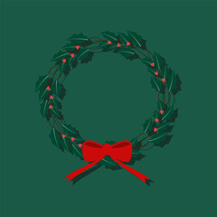 A wreath with red ribbon and green leaves