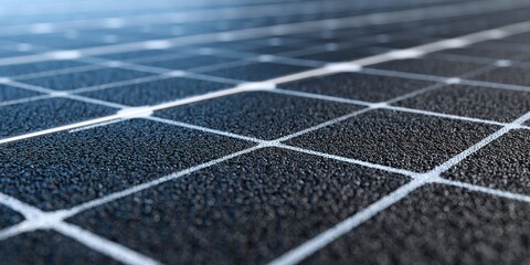 Modern solar panels arranged in a grid pattern on a rooftop in a bright sunlit environment