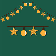 A green background with a row of four gold stars and a row of four gold lights