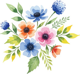 Vibrant watercolor floral arrangement featuring delicate blue pink and orange anemone flowers with lush green leaves on a white background