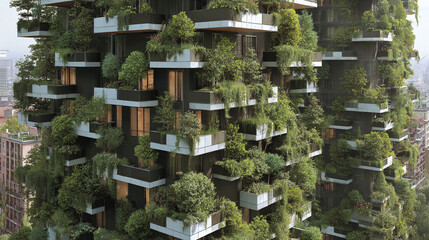 An innovative green skyscraper blends nature with architecture. The building is adorned with numerous plants and trees