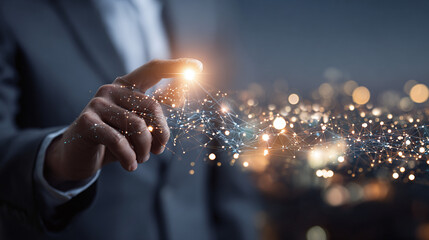 A person in a suit interacting with a futuristic digital interface, with bright lights, creating a sense of innovation and technology