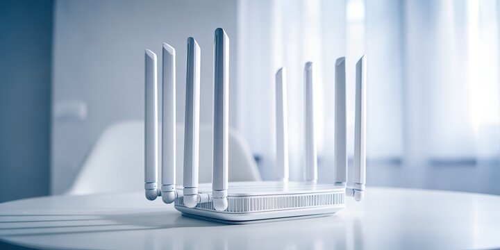 New WiFi router with multiple antennas on a table in a bright room during the day