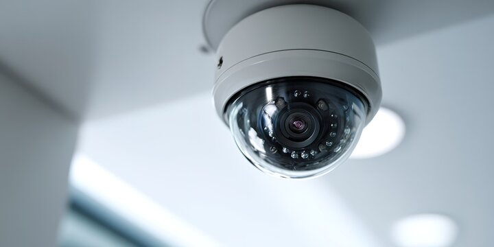 Security camera monitors activity in modern indoor space during daytime