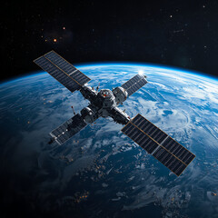 A spacecraft is depicted in orbit around Earth, equipped with solar panels and scientific instruments, symbolizing advancements in space exploration and technology.