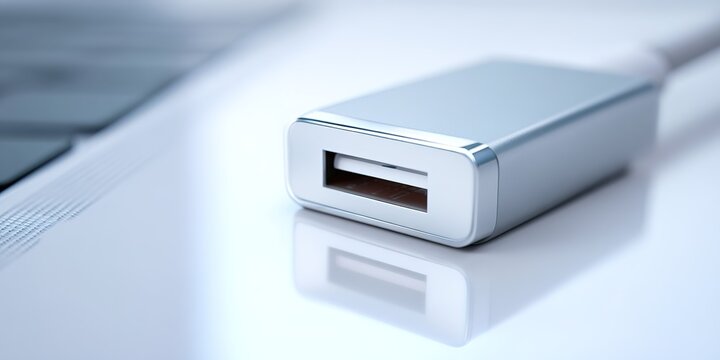 Close-up view of a silver USB connector on a smooth surface next to a laptop keyboard in a bright room