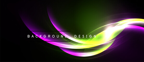 Abstract vibrant waves, purple, green, yellow hues. Dark background creates dramatic visual effect. Modern design element.