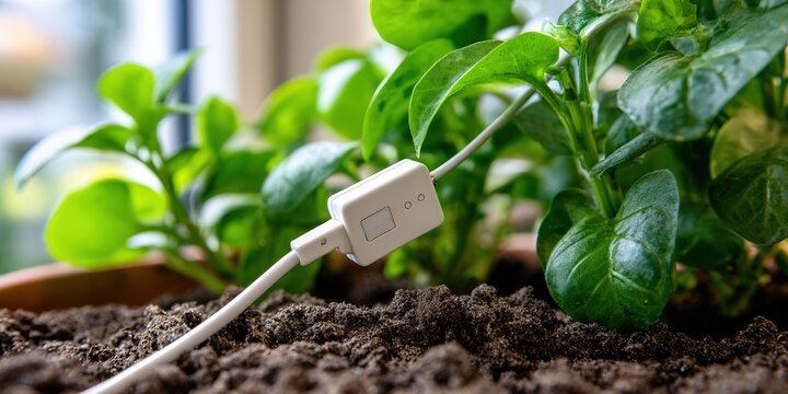 Green plants growing in soil with a plug connection indicating a smart gardening solution - Powered by Adobe
