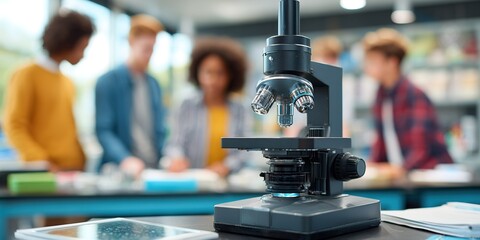 Students engage in science experiments using a microscope in a modern classroom during a collaborative learning session