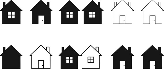 Collection of house icons in various solid and outline styles, real estate symbols, home design elements, property illustration set, residential architecture concept