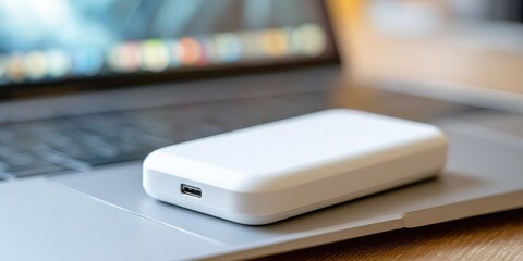 Portable charger placed on laptop during work session in a cozy indoor workspace